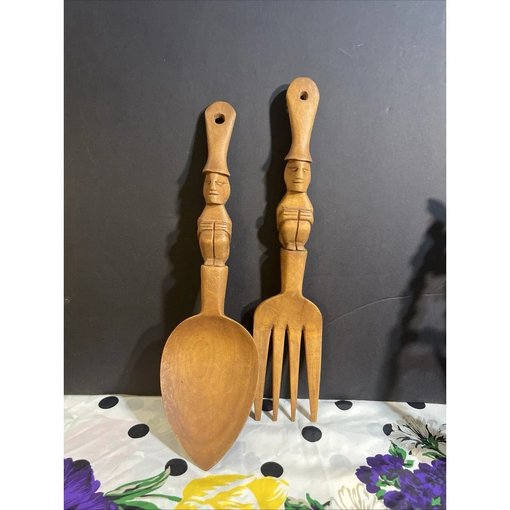 Wood Salad Fork & Spoon Mid Century Tribal Hand‎ Carved Decor 12
